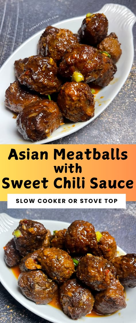 Asian Meatballs with Sweet Chili Sauce - Delicious sweet and savory meatballs perfect as an appetizer for any event! Slow Cooker Asian Meatballs, Meatballs With Sweet Chili Sauce, Beef Meatball Appetizer Recipes, Sweet Chilli Meatballs, Sweet Thai Chili Meatballs, Chinese Appetizers Easy, Asian Appetizers For Party, Meatball Sauce Recipes, Sweet Chili Meatballs