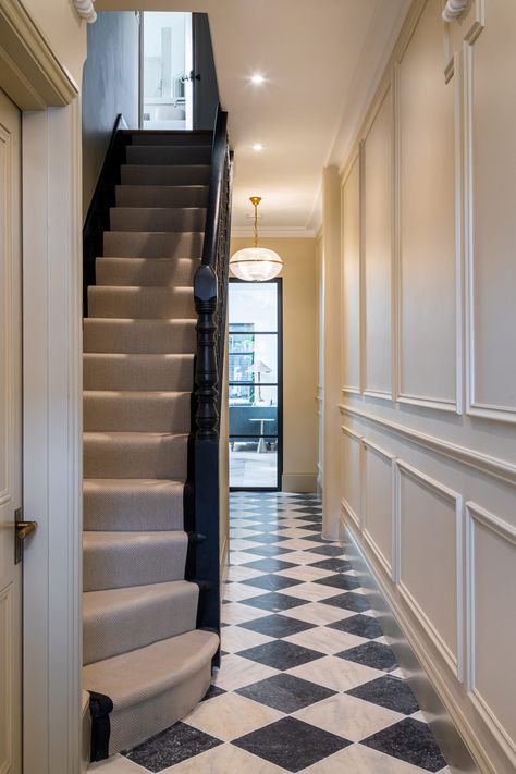 Chequered Marble tiles in hallway makeover in Victorian Property Hallway Ideas Black And White Tiles, Chequered Floor Hallway, 1930 Staircase, Black And White Tiled Hallway, Tiled Entrance Hall, Checkerboard Hallway, Tiles In Hallway, London Terrace House Interior, Modern Georgian Interiors