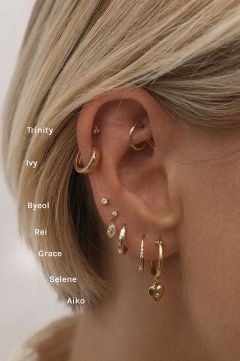 Minimalist Ear Piercings, Different Ear Piercings, Unique Ear Piercings, Ear Peircings, Ear Piercings Chart, Ear Art, Cool Ear Piercings, Pretty Ear Piercings, Cute Ear Piercings