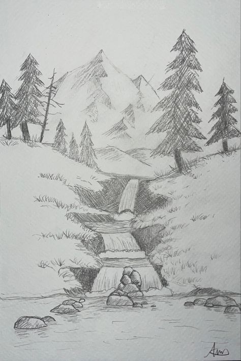 Beautiful Drawings Of Nature, Cool Landscape Drawings, Land Scape Drawing Reference, Waterfall Drawing Pencil, Mountain Waterfall Drawing, Mountain Sketch Landscapes, Landscape Sketch Pencil Nature, Drawings Landscaping, Waterfall Drawing Easy