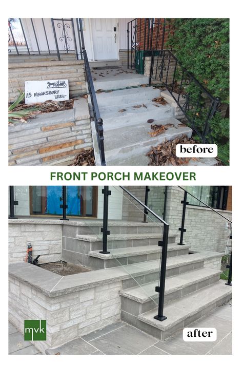 🌿🏡 Front Porch Makeover Alert! 🌟  Transform your exterior with a stunning natural stone veneer. Add beautiful planters and elegant steps for that perfect curb appeal. Ready to elevate your entrance? Let’s design your dream porch together! Call MVK Landscape Design today!  #FrontPorchMakeover #ExteriorDesign #NaturalStoneVeneer #MVKLandscapeDesign #PlanterPerfection #StylishSteps Front Steps Makeover Concrete, Stone Stairs Outdoor Front Porches, Cement Front Steps, Front Steps Makeover, Rancher Homes, Front Porch Stairs, Cement Steps, Front Porch Remodel, Beautiful Planters