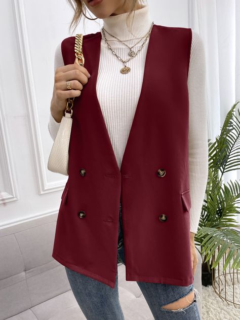 Burgundy Elegant  Sleeveless Polyester Plain Vest  Slight Stretch Fall/Winter Women Suits Sleeveless Jacket Outfit, Burgundy Vest, Plain Vest, Women Blazers, Sleeveless Coat, Women Suits, Red Vest, Vest Blazer, Long Vests