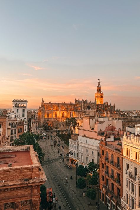 Picture of the Seville Cathedral from a Rooftop at Sunset Seville Spain Aesthetic, Seville Aesthetic, Seville Cathedral, Spain Aesthetic, Best Rooftop Bars, Rooftop Bars, Rooftop Patio, Uni Life, Beautiful Cities