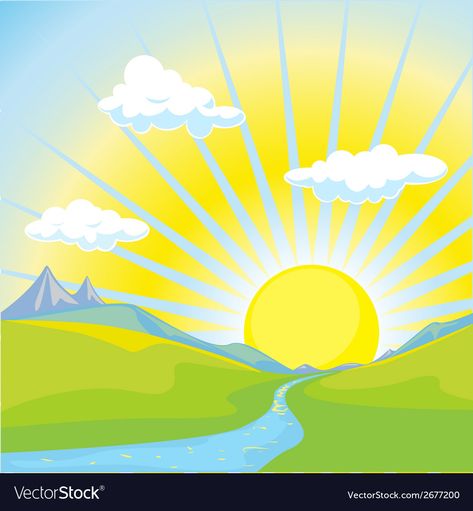 Sun Rise Drawing, Sunny Illustrations, Microgreens Garden, Sun Dawn, Sunny Landscape, Mountain Clipart, Sunrise Images, Images Of Sun, Sun Rising