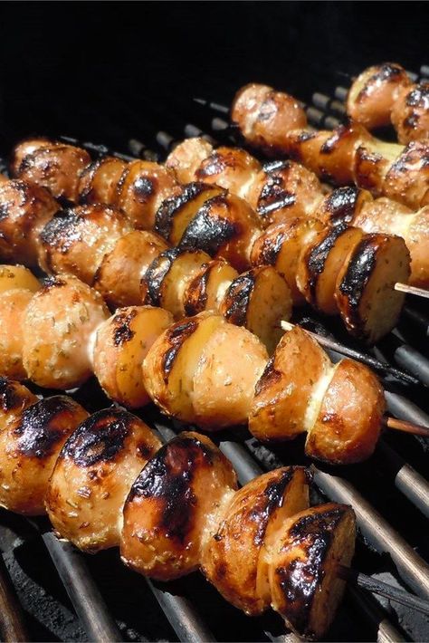 Skewered Grilled Potatoes | "Words cannot describe how awesome these potatoes were! What a simple marinade, but so much flavor!" #grilling #grillingrecipes #allrecipes Potato Skewers On The Grill, Potatoes On Skewers, Grilled Potatoes Skewers, Potato Kebabs Skewers, Grilled Potato Skewers, Grilled Potato Kabobs, Marinade Potatoes, Bbq Potatoes Recipes, Potatoes On Bbq