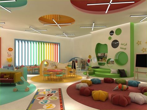 Daycare Interior Design, Kindergarten Interior, Classroom Interior, Kindergarten Wallpaper, School Building Design, Preschool Decor, Daycare Decor, Daycare Design, Preschool Rooms