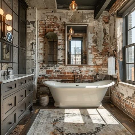 6+ Industrial Master Bathroom Remodel Ideas for Urban Edge • 333+ Art Images Bathroom Interior Design Rustic, Bathroom Decor Ideas Rustic, Country Rustic Bathroom Ideas, Rustic Bathroom Sink Ideas, Exposed Brick Bathroom, Bathroom Remodel Rustic, Rustic Bathroom Decor Ideas, Small Rustic Bathroom Ideas, Rustic Bathroom Sink