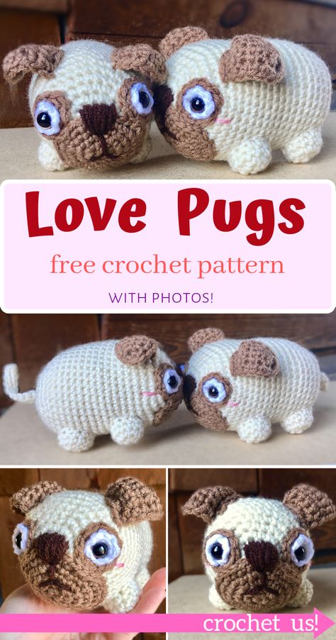 This heartwarming pug couple is fun and easy to make, and they make a perfect Valentine's Day gift!  DIY your own little amigurumi pugs with this FREE crochet pattern! It even has lots of step by step photos to guide you.  This would also be a great gift for a dog lover!  Crochet these precious puppies now with this FREE pattern! Crochet Dogs, Romantic Crochet, Granny Square Pattern Free, Crochet Stuffies, Crocheted Animals, Kids Crochet Pattern, Crochet Dog Patterns, Crocheted Toys, Amazing Crochet