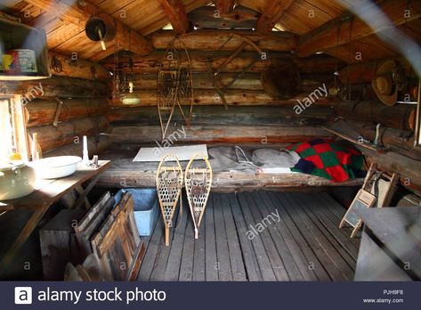 Download this stock image: Interior of 1930's Trappers Cabin at 100Mile House Heritage Centre,Caribou County,British Columbia,Canada - PJH9F8 from Alamy's library of millions of high resolution stock photos, illustrations and vectors. Trappers Cabin, Pioneer Village, Wooden Hut, Wooden Wagon, Manitoba Canada, Wooden Cabins, Heritage Center, Cabin Life, British Columbia Canada