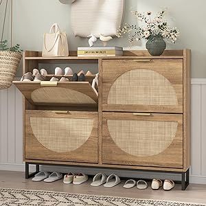 Maupvit Large Rattan Shoe Storage Cabinet with 4 Flip Drawers, Freestanding Shoe Organizer with Metal Legs for Entryway, Hidden Golden Handles, Narrow Shoe Rack Cabinet, Rustic Oak Rattan Shoe Storage Cabinet Entryway, Hidden Shoe Storage, Shoe Dresser, Entryway Shoe Cabinet, Wood Extension, Shoe Rack Cabinet, Shoe Storage Unit, Shoe Cabinet Entryway, Narrow Shoe Rack