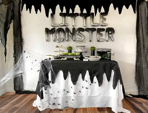 Halloween Baby Shower Food Ideas - We've Created a Monster - Parties With A Cause Halloween Themed Baby Shower Ideas Food, Addams Family Baby Shower Ideas, Dark Baby Shower Ideas, Adams Family Baby Shower Ideas, Spooky Baby Shower Ideas Boy, Beetle Juice Baby Shower Ideas, Goth Gender Reveal, Beetlejuice Baby Shower Ideas, Tim Burton Baby Shower Ideas