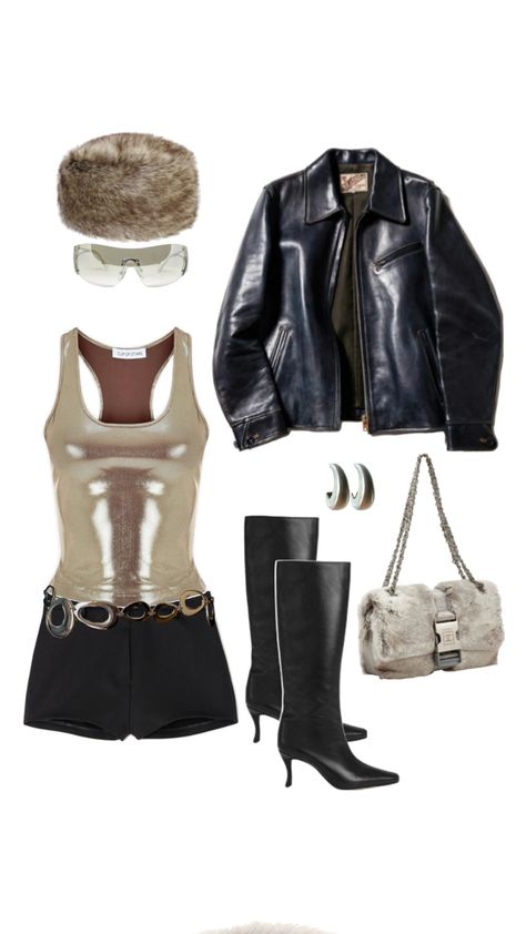 Micro shorts outfit with metallic tank, high knee black boots, fur hat, fur vintage Chanel bag, leather jacket, metal belt, y2k rimless sunglasses Fur Leather Jacket Outfit, Micro Shorts Outfit, Knee Black Boots, Belt Y2k, Fur Outfit, Boots Fur, Vintage Chanel Bag, Micro Shorts, Fur Leather Jacket