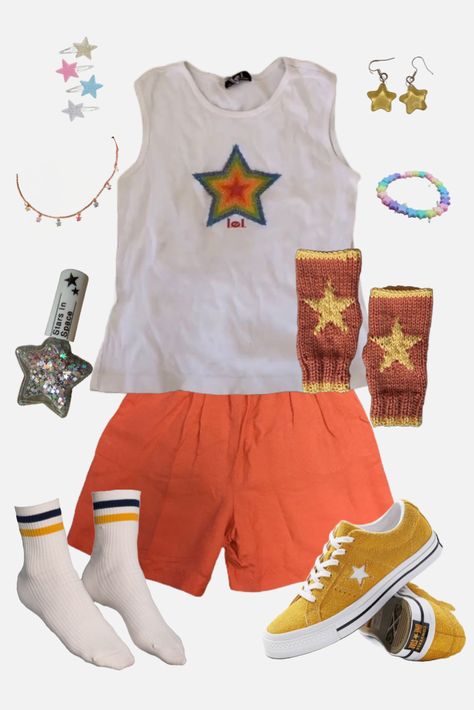 Childish Style Outfit, Childish Outfits Aesthetic, Nostalgiacore Outfit, Childish Clothing, Childish Outfits, Childish Clothes, Kid Core Outfits, Silly Outfits, Orange Outfits