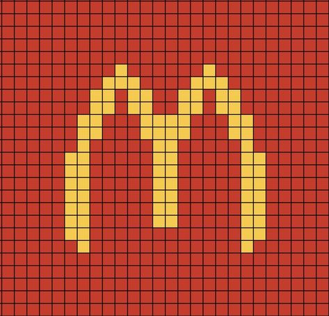 A pixel art template of the McDonald's logo from 2018. It's currently present as I'm writing this. Burger Concept, Sewing Logo Design, Knitted Toys Free, Sewing Logo, Hamma Beads Ideas, Knitted Toys Free Patterns, Mc Donald, Craft Logo, Colorful Paintings Acrylic