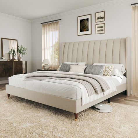 You'll love the Latitude Run® Beauviore Bed at Wayfair - Great Deals on all products with Free Shipping on most stuff, even the big stuff. Beige Bed Frame, Beige Headboard, Bed Platform, Tall Headboard, Beige Bed, Wingback Headboard, Queen Bed Frame, Headboard Designs, Upholstered Bed Frame