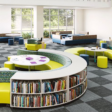 Unique Classroom Furniture, School Library Furniture Design, Library Seating Ideas, Circular Seating Area, Flexible Classroom Seating, Library Furniture School, Library Seating Area, Modern Library Furniture, Educational Furniture