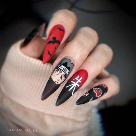 Naruto Nail Ideas, Itachi Nail Art, Itachi Nails Design, Akatsuki Nail Art, Sharingan Nails, Naruto Nails Acrylic, Naruto Inspired Nails, Itachi Nails, Naruto Nails Designs