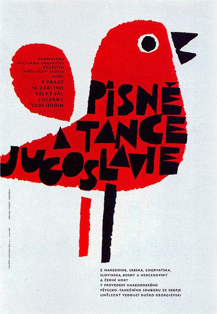 Poster for a performance of Yugoslav songs and dances in Prague. From Graphis Annual 66/67 | Illustrator: Jaroslav Sura Graphisches Design, Graphic Design Collection, 타이포그래피 포스터 디자인, Illustrations And Posters, White Wall, Design Graphique, Typography Poster, Graphic Design Posters, Visual Design