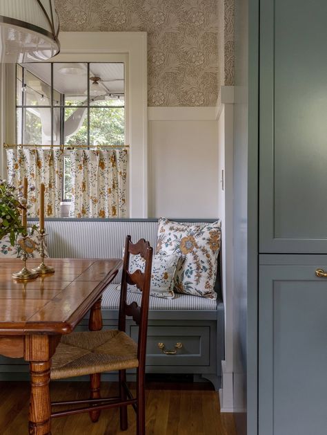 Colonial Revival Kitchen, Seattle Interior Design, Full Kitchen Remodel, Charming Kitchen, Kitchen Nook, Cafe Curtains, Built In Bench, Dining Nook, Kitchen Projects