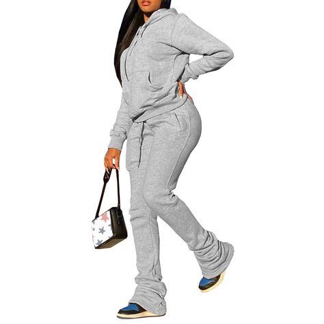 PRICES MAY VARY. 【COMFY MATERIAL】: Women's sweatsuits 2 piece outfits are made of 65% Cotton, 35% Polyester, fleece lined, comfortable and stretchy fabric, bringing you super cozy wearing. Women tracksuit legging pants set suitable for fall, winter and spring. 【STACKED LENGGINGS PANTS】 Sweatsuits for women fall winter outfits, high waisted, stacked legging sweat pants for women, legging bell bottom, drawstring joggers with pocket, extra long length design will define your hips and lengthen your Sweater Two Piece Set, Stacked Pants, Grey Two Piece, Two Piece Pants Set, Traje Casual, Sweatpants Set, Sports Hoodies, Tracksuit Set, Womens Fleece