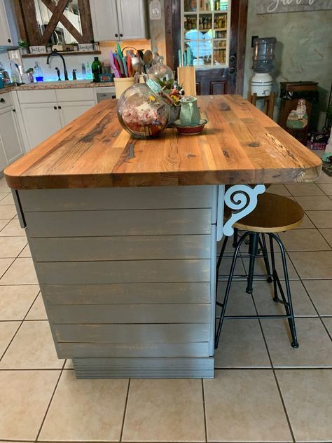 Reclaimed mixed hardwood countertops from industrial pallet | Etsy Kitchen Island With Butcher Block Top, Unique Countertops, Hardwood Countertops, Build Kitchen Island, Desk Tops, Butcher Block Top, Diy Kitchen Island, Butcher Block Countertops, Kitchen Island Design