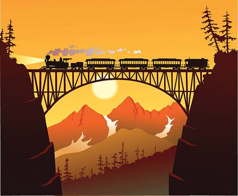 Mountain Bridge, Train Crossing, Bridge Drawing, Train Vector, Train Drawing, Train Illustration, Train Wall Art, Train Silhouette, Old Steam Train