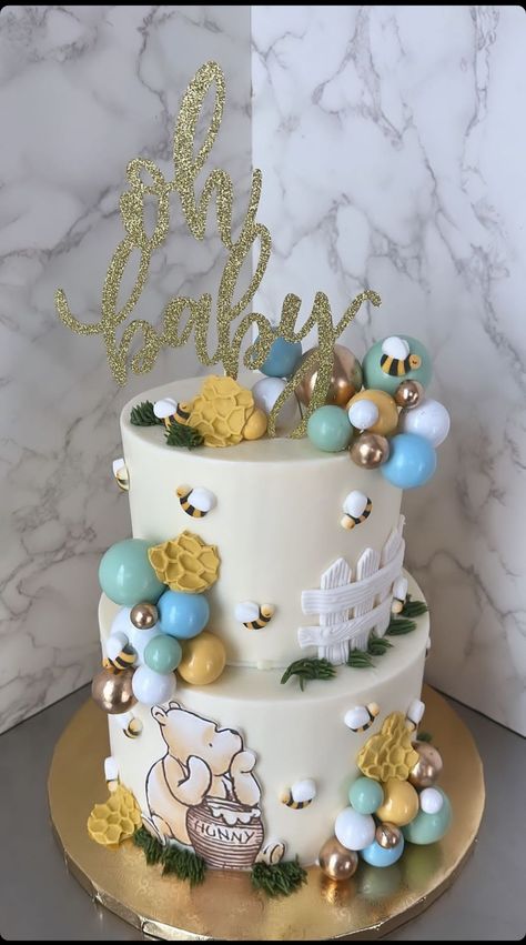 (_cakesbykaren) Winnie The Pooh Baby Shower Cake Boy, Winnie The Pooh Gender Reveal Cake, Winnie The Pooh Shower Cake, Winnie The Pooh Baby Shower Cake, Winnie The Pooh Cakes, Baby Reveal Cakes, Baby Shower Cake Designs, Boys First Birthday Cake, Pooh Cake