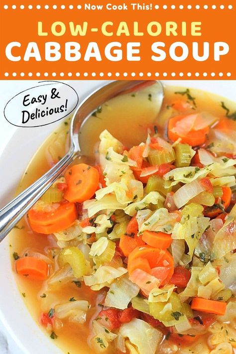 This Easy Low-Calorie Cabbage Soup is packed full of good-for-you vegetables (cabbage, celery, onions, garlic, carrots, and tomatoes), is ready in under an hour, and is incredibly delicious. Plus, even though it's low in calories, it's hearty, filling, and completely satisfying! Get the recipe and give it a try! #cabbagesoup #vegetablesoup #soup #lowcalorie Cabbage Soup Crockpot, Cabbage Soup Diet Plan, Easy Cabbage Soup, Lower A1c, Garlic Carrots, Cabbage Soup Diet Recipe, Cabbage Soup Recipe, Diet Soup, Low Calorie Soup