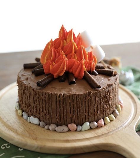 Bonfire Cake, Campfire Birthday, Camping Party Decorations, Campfire Cake, Nature Cake, Camping Cakes, Cake Easy, Birthday Cake Chocolate, Camping Birthday