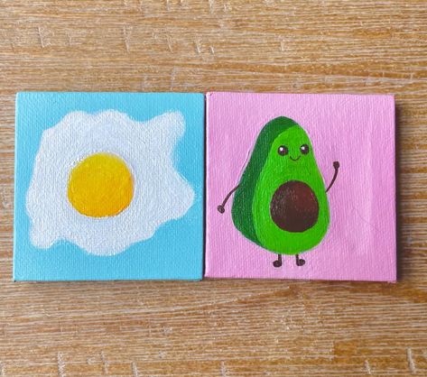 Matching Mini Canvas Paintings, Tiny Canvas Painting Easy, Duo Painting Ideas, Tiny Paintings Simple, Tiny Canvas Painting Ideas, Easy Painting For Kids, Painting Picnic, Avocado And Egg, Canvas Magnets