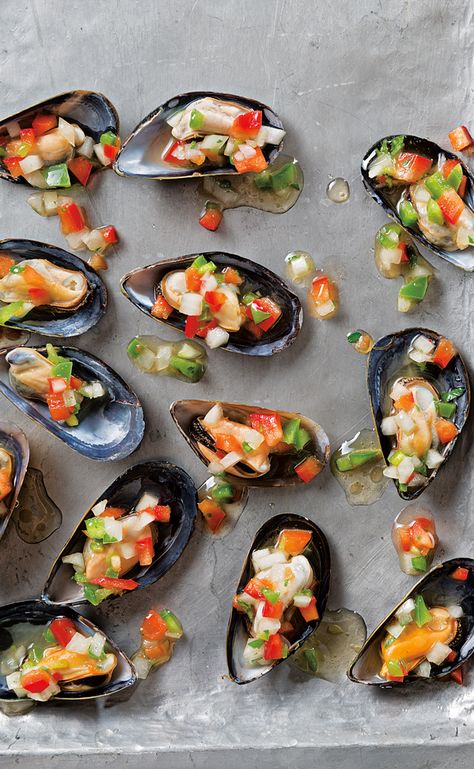 Cold Mussels Salpicón Recipe | Williams Sonoma Taste Soup Shooters, Homemade Sauerkraut, Mussels Recipe, Appetizers For A Crowd, Seafood Platter, Popular Snacks, Fresh Spices, Seafood Appetizers, French Dishes