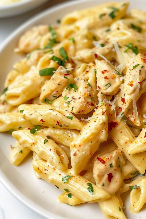 There's something magical about this garlic parmesan chicken pasta. It's full of juicy chicken and has the most creamy-dreamy garlic and cheese sauce. Garlic Butter Chicken Mac And Cheese, Dishes With Parmesan Cheese, Creamy Comfort Food, Pasta Chicken Parmesan, Cook Together Recipes, Lunch Main Course Ideas, Spicy Garlic Parmesan Pasta, Shredded Chicken With Pasta, Great Pasta Dishes