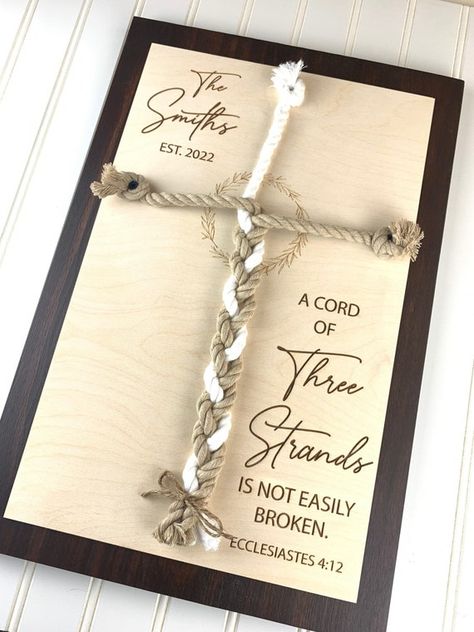 Add a unique touch to your unity ceremony with our personalized "Cord of Three Strands" sign. It also makes a wonderful wedding gift, anniversary gift, or perfect for display on a table at a wedding or reception! This sign features engraved natural wood layered onto a beautifully stained board in the color of your choice. Marriage Quiz, Wedding Ceremony Unity, Cord Of Three Strands, Ceremony Sign, Unity Ceremony, Wedding Unity, Wedding Vows Renewal, Tattoos Women, Personalized Couple Gifts