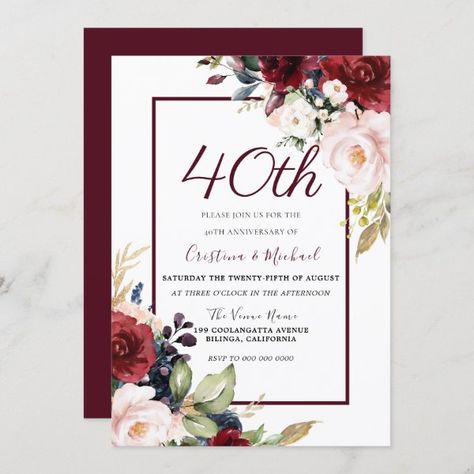 Burgundy Blush Floral 40th Wedding Anniversary Invitation Wedding Anniversary Party Invitations, 50th Wedding Anniversary Invitations, 40th Anniversary Party, Anniversary Party Invitations, Anniversary Invitation, 60th Birthday Invitations, Burgundy Wedding Invitations, Black And White Wedding Invitations, Navy Wedding Invitations