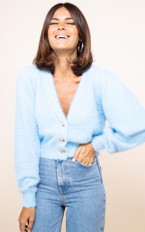 Baby Blue Sweater Outfit, Light Blue Cardigan Outfit, Blue Cardigan Outfit, Blue Sweater Outfit, Random Outfits, Gathered Fabric, Baby Blue Sweater, Fluffy Cardigan, Fall Trends Outfits