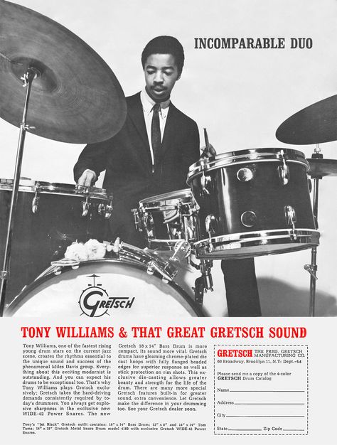 Tony Williams Drummer, Jazz Drums, Jazz Drummer, Rogers Drums, Drums Artwork, Jazz Posters, Tony Williams, Gretsch Drums, Vintage Advertising Art