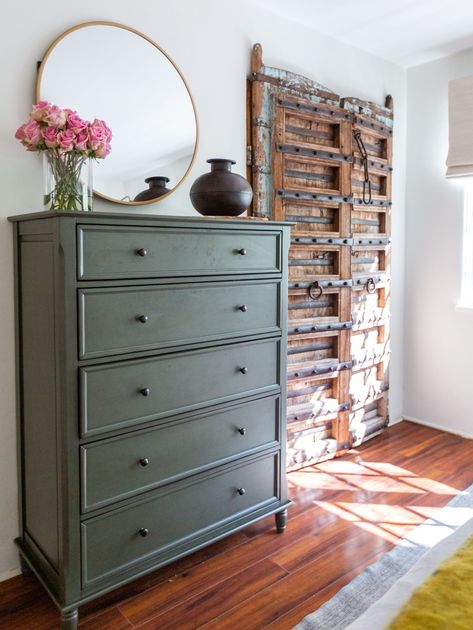 Minimalist Bedroom Dresser, Bedroom Dresser Decor Ideas, Tall Dresser Decor, Dresser Decor Ideas, Bedroom Dresser Decor, Green Sideboard, Walnut Bedroom Furniture, Becca Tobin, Green Dresser