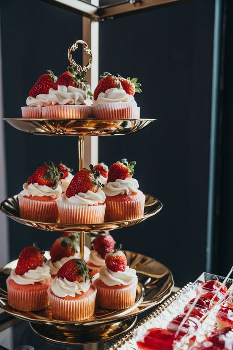 Strawberry Cupcake Tower Wedding Desserts | Tampa Florida Caterer Amici’s Catered Cuisine, Inc. | Cupcake Tower | Strawberry Desserts Wedding Cupcake Tower, Strawberry Wedding, Chic Wedding Venues, Wedding Strawberries, Cupcake Tower Wedding, Cake Tower, Champagne Birthday, Industrial Chic Wedding, Tropical Wedding Inspiration