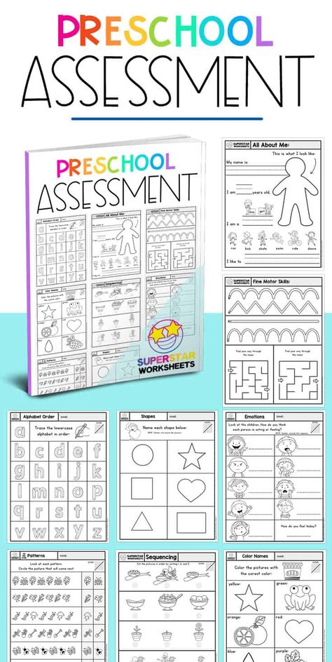 Free preschool assessment worksheets for year-end review or as a kindergarten readiness checklist. Ensure your preschool student is ready for kindergarten with these free worksheets: Alphabet, numbers, counting, fine motor, all about me, emotions, behavior, social skills, following directions, addition, subtraction, shapes, patterns, sequencing, days of the week, months of the year, seasons, sight words and more! Preschool Assessment Checklist, Preschool Prep At Home, Free Preschool Assessment Printables, Prek Assessment Free Printable, Ece Assessment, Preschool Assessment Forms, Preschool Portfolio, Kindergarten Readiness Checklist, Teaching Weather