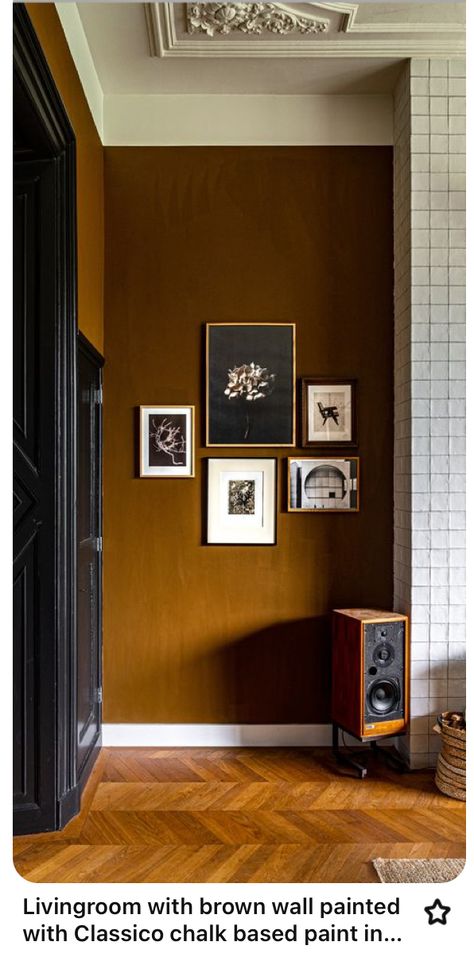 Ochre Ceiling Paint, Cognac Wall Paint, Brown Walls Black Furniture, Golden Brown Wall Paint, Dark Gold Paint Color, Brown Painted Molding, Brown Foyer Walls, Deep Brown Wall Paint, Bronze Paint Color Accent Walls