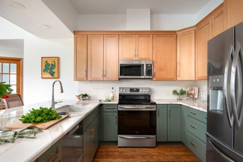 Kitchen of the Week: Wood and Green Cabinets Create a Warm Style (7 photos) Home Tips: Wood And Green Cabinets, Green And Wood Kitchen Cabinets, Warm Wood Kitchen Cabinets, Kitchens With Green Cabinets, Green And Wood Kitchen, Warm Wood Kitchen, White Kitchen Appliances, White Tile Backsplash, Mediterranean Style Home