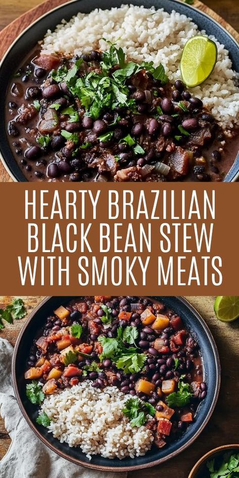 Warm up with our Authentic Brazilian Black Bean Stew with Smoky Meats! This hearty dish combines black beans, smoky meats, and spices for a comforting meal perfect for any occasion. 🌿🥘 Ideal for family dinners or meal prep, this stew is rich in flavor and tradition. Don’t miss out on this delicious recipe—Pin it now and start cooking! #BrazilianStew #ComfortFood #HeartyMeals #Recipe Brazilian Black Beans And Rice, Brazilian Feijoada Recipes, Brazilian Beans And Rice, Black Beans And Ham, Brazilian Beans Recipe, Brazilian Beef Stew, Brazilian Black Beans, Brazilian Beans, Brazilian Food Recipes