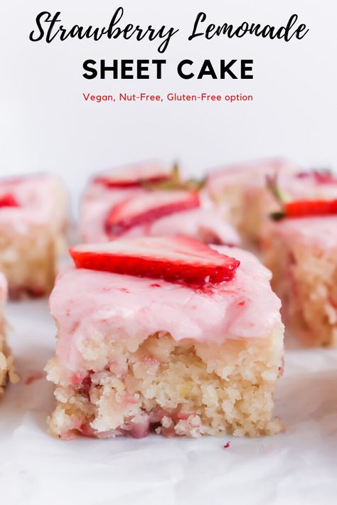 Meet my latest dessert crush. Vegan Strawberry Lemonade Cake! It is the perfect summer dessert and just screams SUNSHINE!Tart and sweet, tangy and fresh, this sheet pan cake is summer at its best. #vegancake #pinklemonade #glutenfreecake #cupcakes #summerdessert #sheetpan #sheetcake #nutfree #allergyfriendly Easy Vegan Strawberry Dessert, Vegan Strawberry Pound Cake, Vegan Sheet Cake Recipe, Summer Dessert Recipes Dairy Free, Vegan Dessert For One, Vegan Poke Cake, Gluten Free Dairy Free Summer Desserts, Cute Vegan Desserts, Eggless Strawberry Desserts