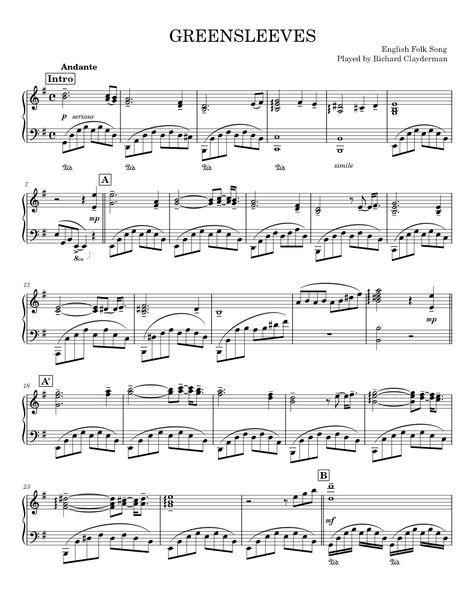 Download and print in PDF or MIDI free sheet music of Greensleeves - Richard Clayderman for Greensleeves by Richard Clayderman arranged by IRELIN for Piano (Solo) Free Piano Sheet Music Printables Popular Songs, Greensleeves Piano, Christmas Piano Sheet Music, Lds Music, Richard Clayderman, Music Printables, Free Printable Sheet Music, Piano Sheet Music Pdf, Christmas Piano