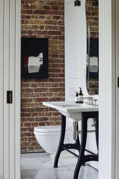 This converted loft was a collaborative project between us and our client, resulting in a truly unique apartment; timeless, suitably unconventional and inspiring. Bathroom With Vanity, Converted Loft, Unique Apartment, Sims Hilditch, Parsons Green, Bedroom Ensuite, Elegant Interior Design, Victorian Terrace, Brick Facade