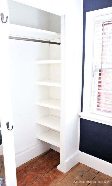 Making The Most Out Of A Small Closet, Mounting Closet Shelves, Small Closet Ideas Couples, Shelving Ideas For Small Closets, Closet Diy Shelving, Add Shelf To Closet, Closet With Side Shelves, Micro Closet Organization, Very Small Bedroom Closet Ideas