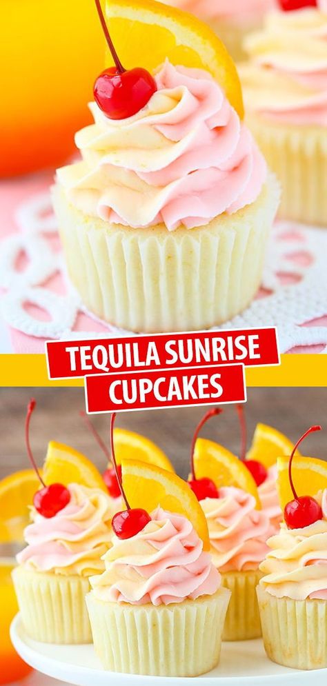 Horchata Cupcakes Recipe, Baking Recipes With Alcohol, Tequila Sunrise Cupcakes, Cocktail Inspired Cupcakes, Tequila Cupcakes, Booze Cupcakes, Alcoholic Food, Boozy Cupcakes Recipes, Cupcakes Rellenos