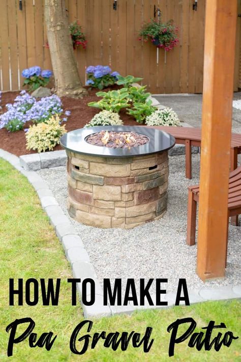 Learn how to build a pea gravel patio in a weekend! This easy DIY pea gravel patio is perfect for a firepit and benches. It uses pavers for edging so the gravel doesn't get into the grass, and is simple to make in your own backyard! Get the tutorial to make a gravel patio at The Handyman's Daughter! #thehandymansdaughter Pea Gravel Patio With Pergola, Summer Hangout, Yard Oasis, Diy Garden Landscaping, Patio Edging, Pea Gravel Patio, Patio Installation, Patio Plans, Diy Backyard Patio