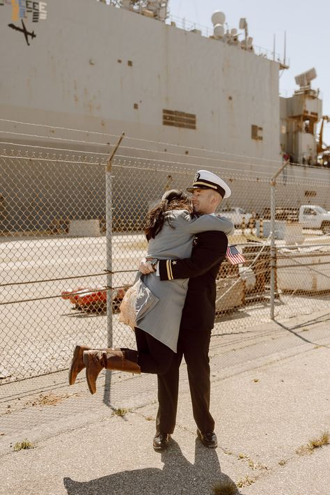 Military couple reunion in front of Naval ship. Military Homecoming Pictures, Military Couples Photos, Military Couple, Navy Families, Homecoming Pictures, Military Couples, Military Homecoming, Norfolk Virginia, Navy Military