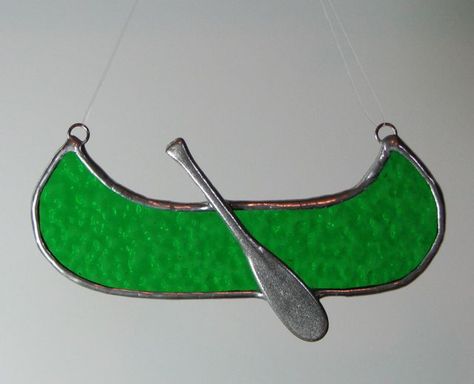 Stained glass canoe by Barbara's Glassworks Stained Glass Lake House Ideas, Canoe Stained Glass Pattern, Stained Glass Canoe Pattern, Stained Glass Canoe, Lake Stained Glass Patterns, Stained Glass Fishing, Stained Glass Lake Scene, Glass Boat, Handmade Jewlery